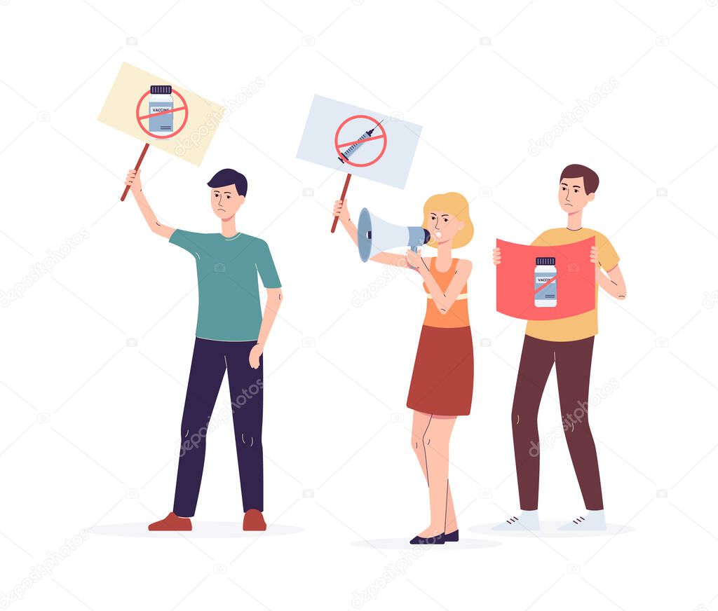 People protesting against vaccination, flat vector illustration isolated.