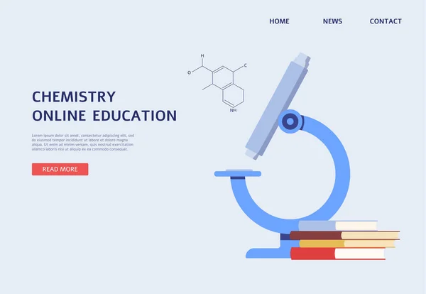 Kemi online utbildning web banner med mikroskop platt vektor illustration. — Stock vektor