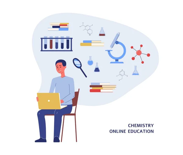 Мультфільм студент вивчає хімію на ноутбуці - плакат онлайн-освіти — стоковий вектор