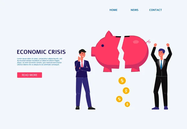 Banner web crisis económica con los empresarios alcancía plana vector ilustración. — Archivo Imágenes Vectoriales