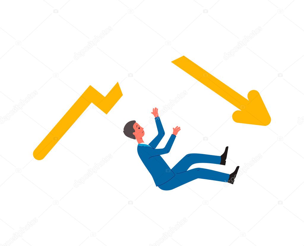 Economic crisis - man under broken arrow flat vector illustration isolated.