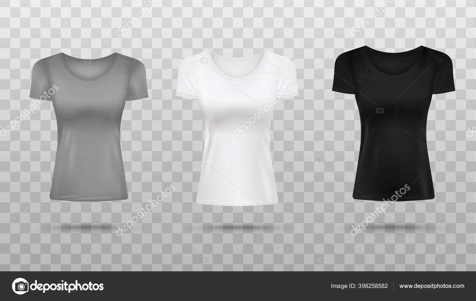Download Womens T Shirt Mockup Set Realistic Grey White And Black Shirts Vector Image By C Sabelskaya Vector Stock 398258582