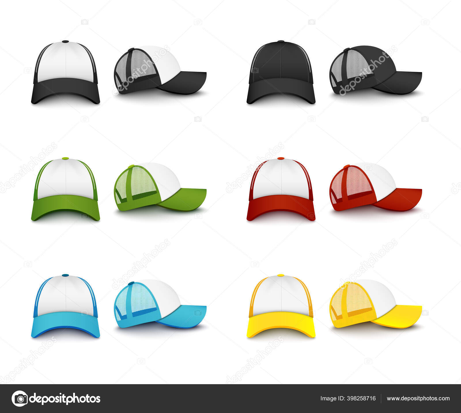 Download Realistic Colorful Baseball Cap Mockup Set From Front And Side View Stock Vector Image By C Sabelskaya 398258716