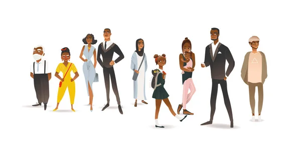Gruppo di afro-americani diverse persone cartone animato vettore illustrazione isolato. — Vettoriale Stock