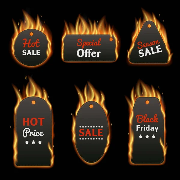 Burning price tag clothing label set with realistic fire and words — Stock Vector