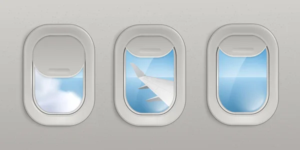 Janelas de avião voador ou vigias com olhar para o céu ilustração vetor 3d . — Vetor de Stock