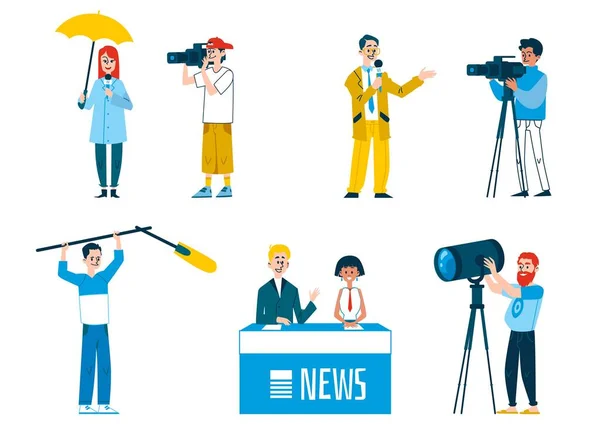 News broadcast show crew set - persone dei cartoni animati che lavorano sul programma televisivo. — Vettoriale Stock