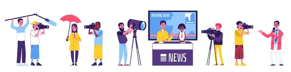 News troupe del programma televisivo - persone isolate dei cartoni animati con apparecchiature audio e video — Vettoriale Stock