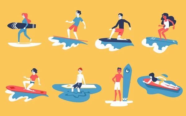 Set mensen die surfen, mannen en vrouwen met surfplanken. — Stockvector