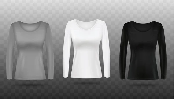Set mockup camicia donna grigio, bianco e nero a maniche lunghe — Vettoriale Stock