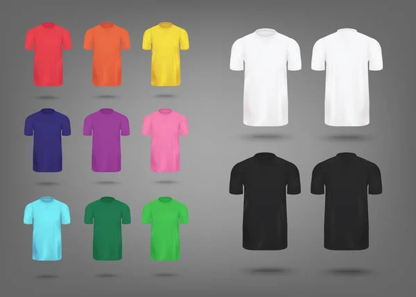 Barevný realistický T-shirt mockup set - pánské módní oblečení šablona — Stockový vektor