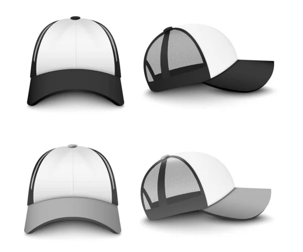 Набір макетів бейсбольної шапки Snapback з видом спереду і збоку — стоковий вектор