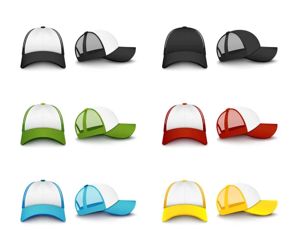 Realistic colorful baseball cap mockup set from front and side view — Stock Vector