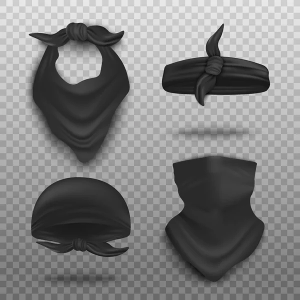 Gerçekçi siyah bandana modeli seti - boyun atkısı, saç bandı ve yüz maskesi — Stok Vektör
