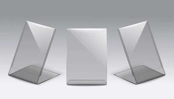Soporte de mesa de vidrio de tamaño tarjeta de plástico conjunto de vistas frontales y laterales — Vector de stock
