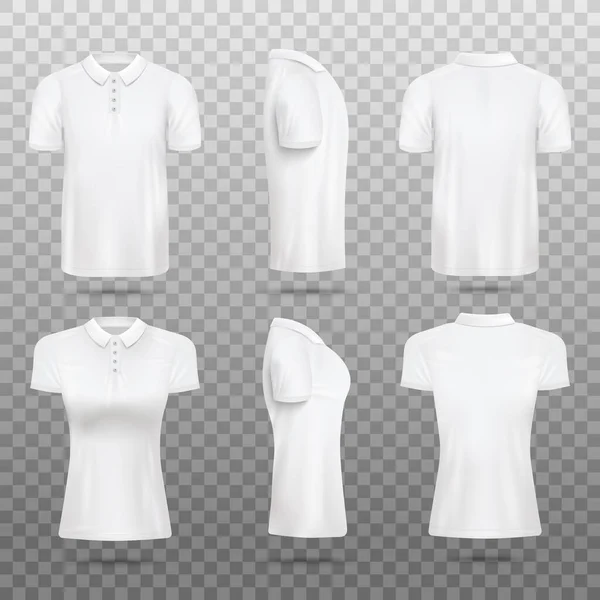 Men and women polo shirt realistic vector mockups set, illustration isolated. — Stock Vector