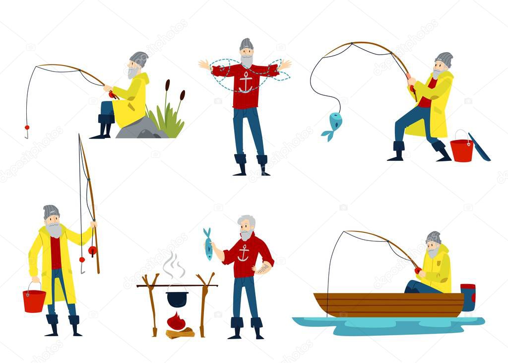 Isolated cartoon fisherman set - old man in different poses