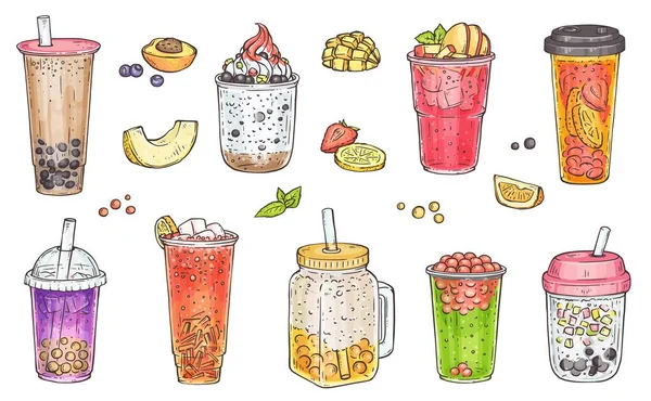 Chá bolha, café gelado, batido de frutas e outras bebidas doces —  Vetores de Stock