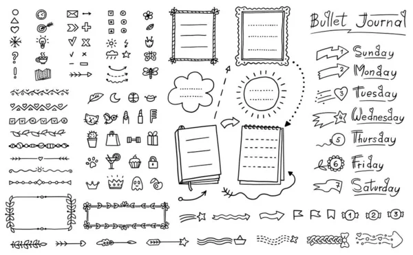 Bullet journal doodle set - hand drawn divider, icon, border decoration — Stock Vector