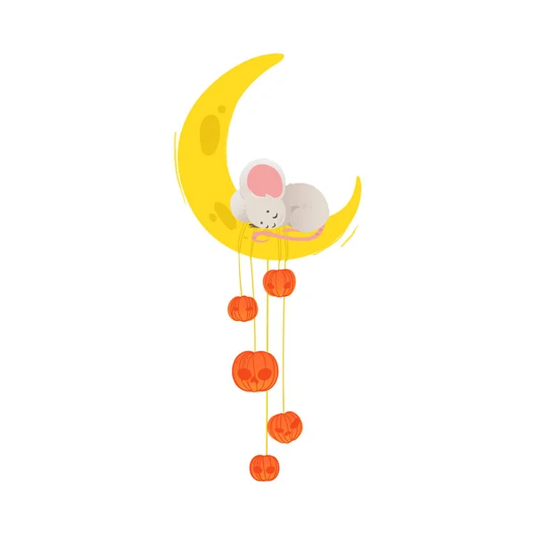 Мила мультяшна миша спить на сирному місяці з гарбузами — стоковий вектор