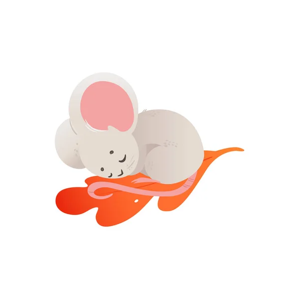 Niedliche Baby-Maus-Figur schläft auf Blatt, flache Vektorabbildung isoliert. — Stockvektor