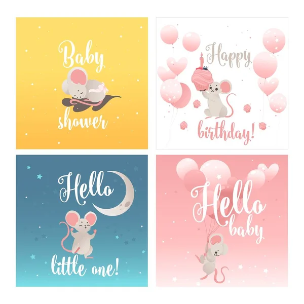 Bebé tarjetas de ducha conjunto con el ratón divertido lindo ilustración vector de dibujos animados. — Vector de stock