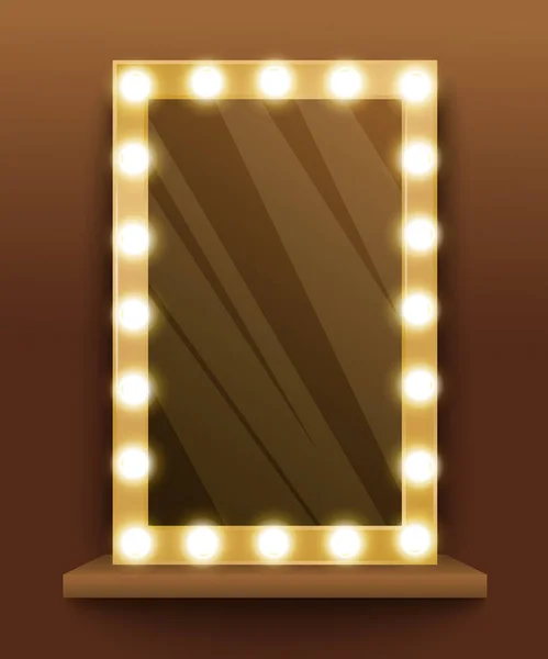 Γυαλιστερός καθρέφτης με λάμπες μακιγιάζ στο καμαρίνι, concept backstage. — Διανυσματικό Αρχείο