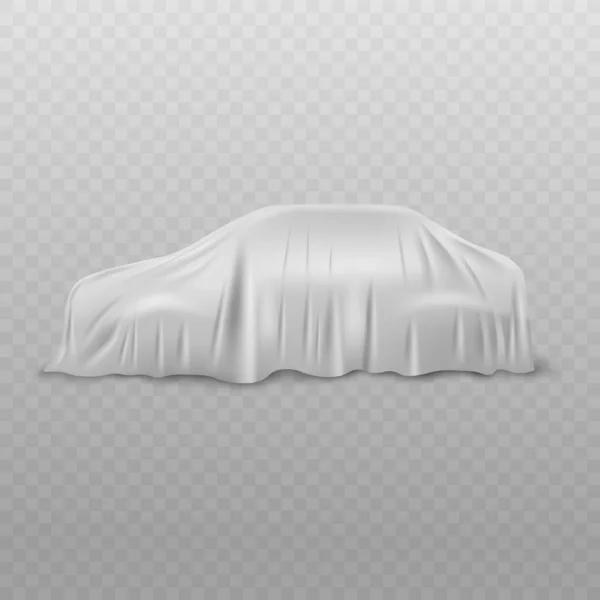 Realistic white car with fabric or cloth curtain cover of silk or satin. — Stock Vector