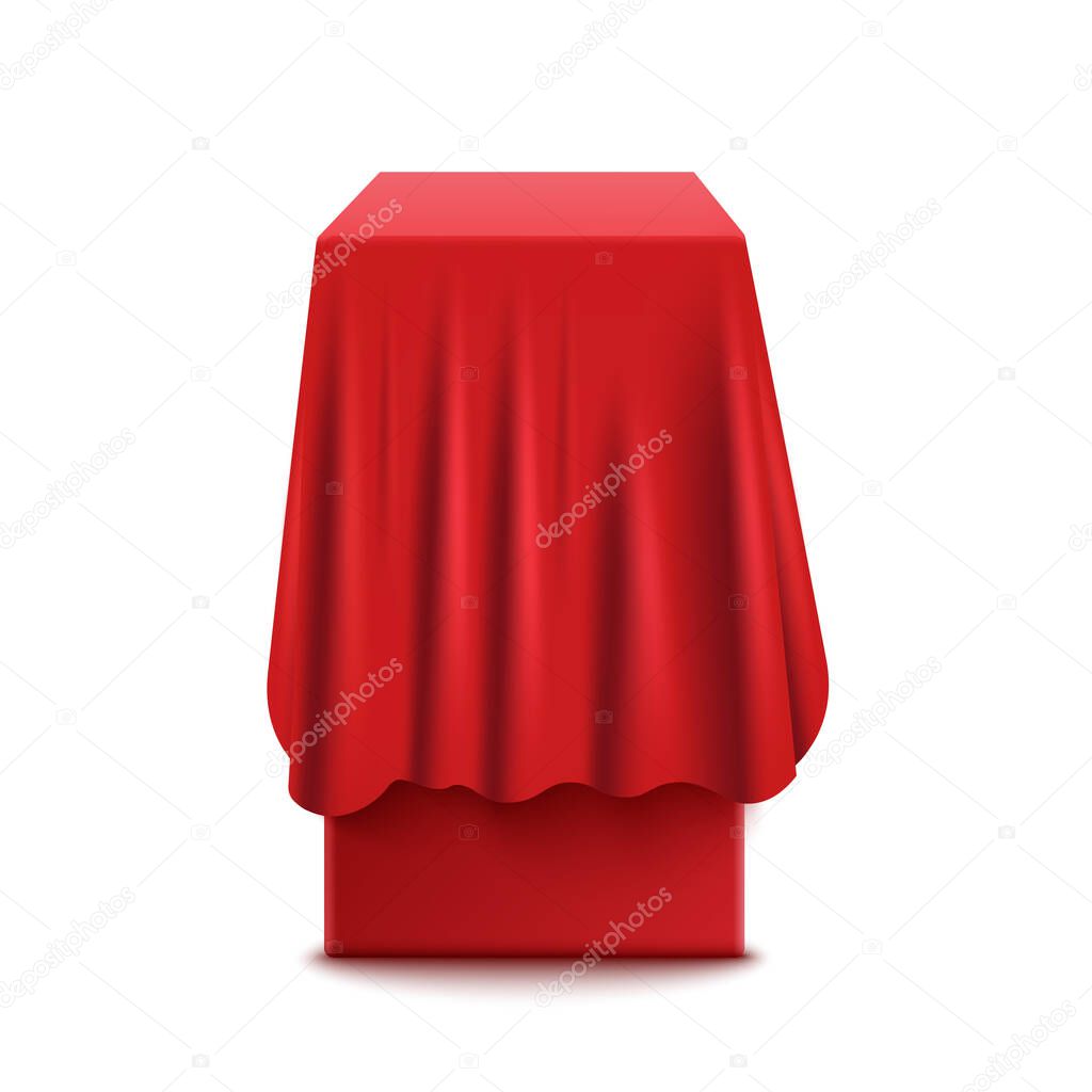 Realistic red box or stand with a fabric cover for curtains of silk or satin.