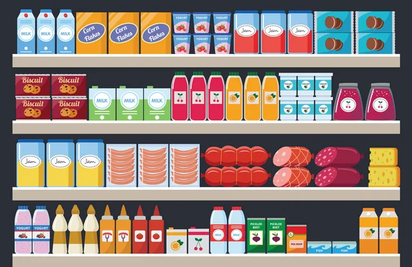 Estantes de supermercado con productos de surtido y bebidas ilustración vectorial plana. — Vector de stock