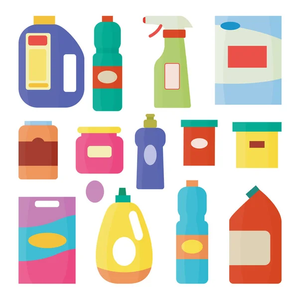 Geïsoleerde wasmiddel fles set - platte cartoon collectie van huis schoonmaak vloeistoffen. — Stockvector