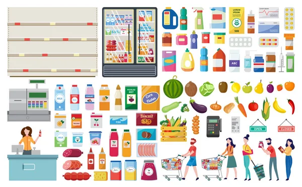 Set voor een supermarkt en een winkel met producten en een kassa, mensen en planken. — Stockvector