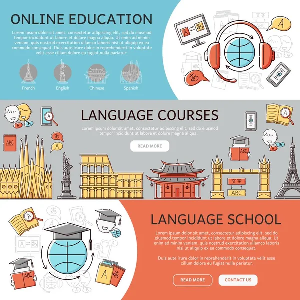 Set van taalschool en online onderwijs banners schetsen vector illustratie. — Stockvector
