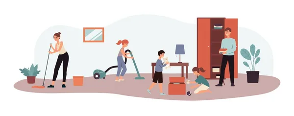 Gelukkige familie schoonmaak huis samen platte vector illustratie banner geïsoleerd. — Stockvector