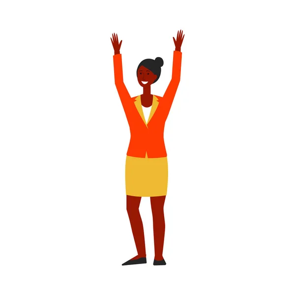 Black african american young woman or girl in business suit raised hands up. — Stock Vector