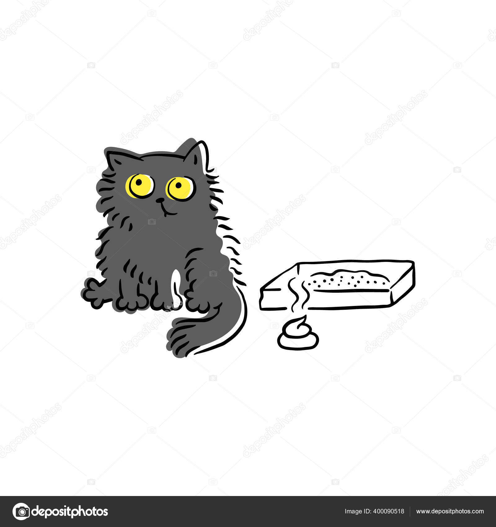 Funny cartoon cat sitting next to litter box with poop on the floor