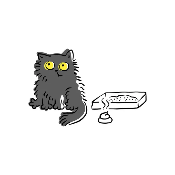 Divertido gato de dibujos animados sentado junto a la caja de arena con caca en el suelo — Vector de stock