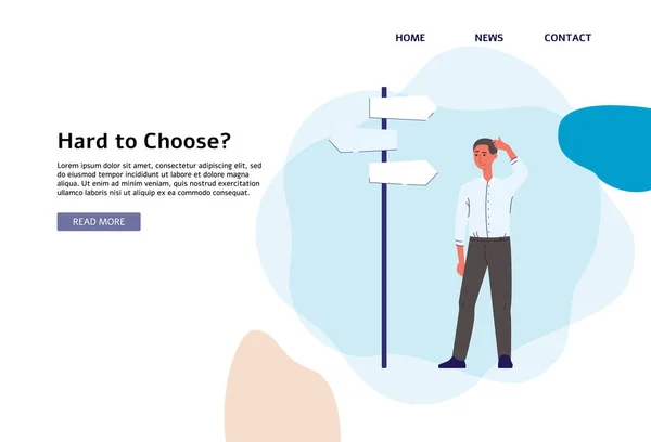 Schwer zu entscheiden. Geschäftsmann steht neben Wegweiser — Stockvektor
