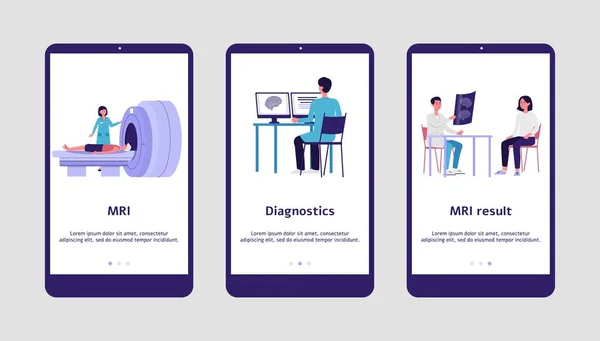 Diagnóstico e resultado da máquina de RM - banner de anúncio plano definido em telas de telefone —  Vetores de Stock