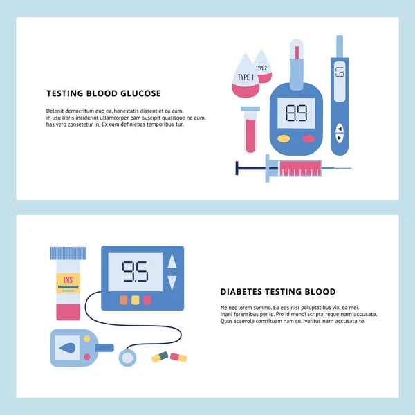 Conjunto de banners para diabetes - equipamento de teste de glicose no sangue e medicamentos — Vetor de Stock