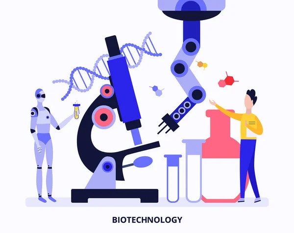 Bioteknik lab banner med tecknad robot och vetenskapsman — Stock vektor