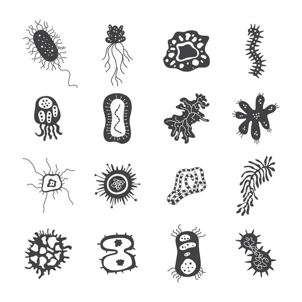 Black bacteria icon set - collection of dangerous virus germ shapes — Stock Vector