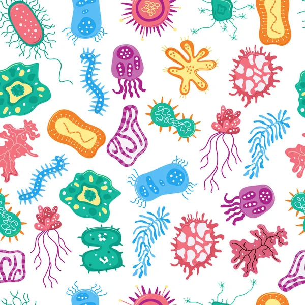 Patrón inconsútil de bacterias coloridas aisladas sobre fondo blanco — Vector de stock