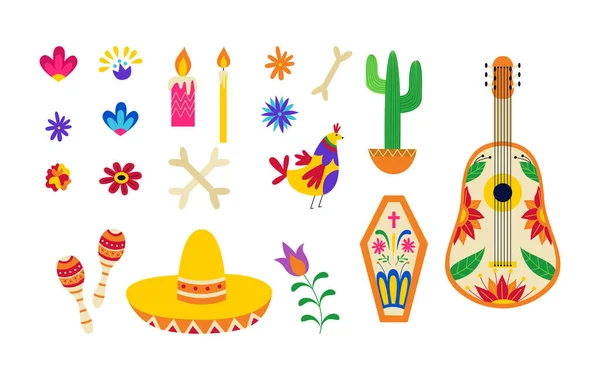Mexicaanse dag van de dode symbool set - kleurrijke sombrero hoed, gitaar en ornamenten — Stockvector