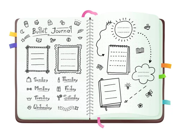 Bullet journal pages with doodle drawings and week layout — Stock Vector