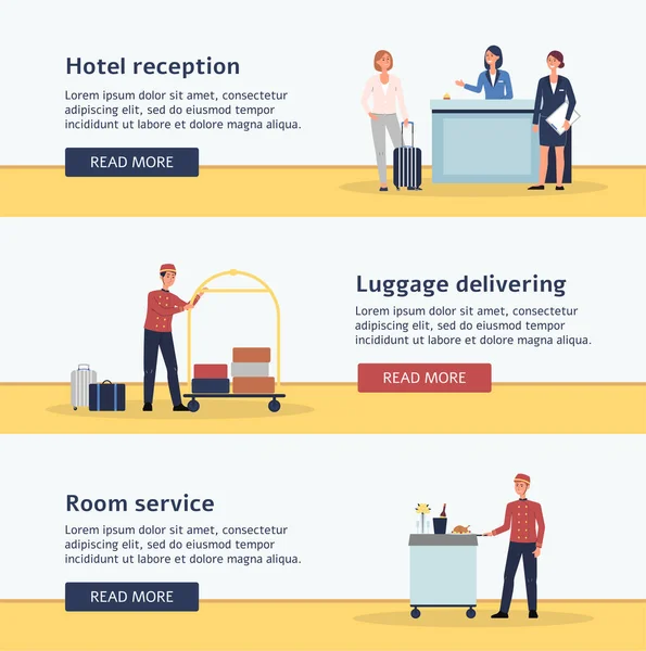 Hotel personale banner sæt - reception, bagage levering mand og room service cart – Stock-vektor