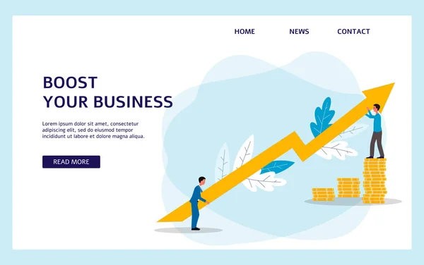 Boost Business Banner mit Geschäftsleuten steigenden Pfeil, flache Vektorillustration. — Stockvektor