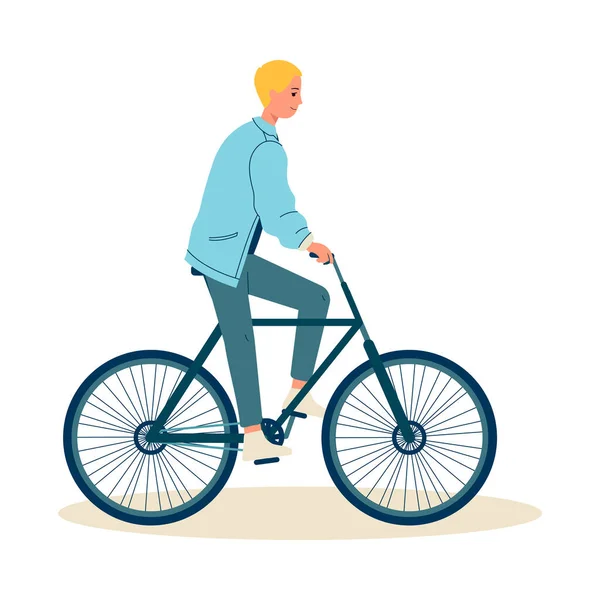 Молодой человек на велосипеде мультфильм мужской характер, плоский вектор иллюстрации изолированы. — стоковый вектор