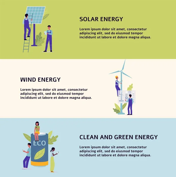 Energia solar e eólica limpa e verde - conjunto de modelos de banner plano — Vetor de Stock