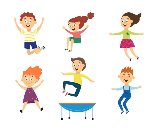 Set von Kindern springen vor Freude auf Trampolin flache Vektorabbildung isoliert. — Stockvektor
